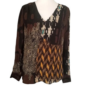 Trina Turk Abstract Artsy 100% Silk Pullover V Neck Blouse Warm Tones Size Small